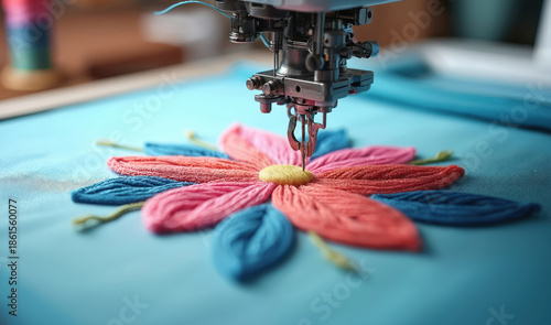 Computerized sewing machine creates colorful flower embroidery on blue fabric. Needle crafts intricate floral pattern. Machine uses thread to make detailed art. Modern textile automation.