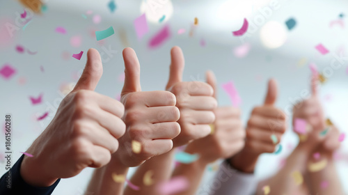 Multiple hands showing thumbs up with falling confetti symbolize success, approval, and joyful celebration.
