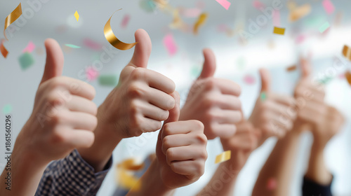 Multiple hands showing thumbs up with falling confetti symbolize success, approval, and joyful celebration.
