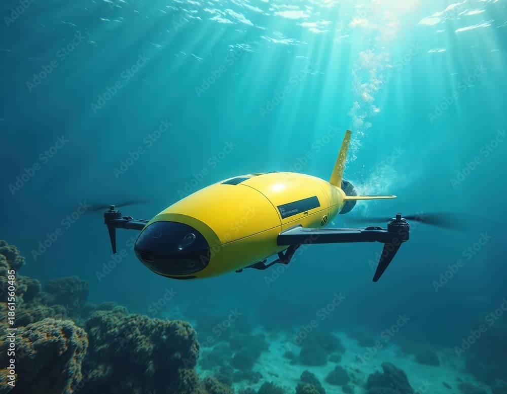 Fototapeta premium Yellow underwater drone with propellers explores ocean depths near coral reef. It navigates through clear blue water with sun rays filtering from above.