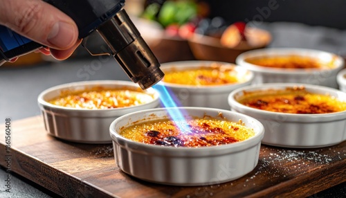 Hand Torching Caramelized Sugar Topping On Creme Brulee Desserts In White Ramekins On Wooden Board With Berries In Background