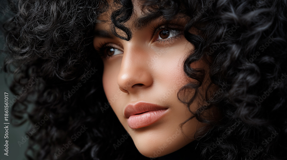 Fototapeta premium Close-up portrait of a woman with natural curly hair highlights beauty, confidence, and modern individuality. 