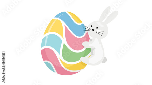 Adorable Bunny with Colorful Egg in Playful Scene, Digital Illustration, Whimsical Environment