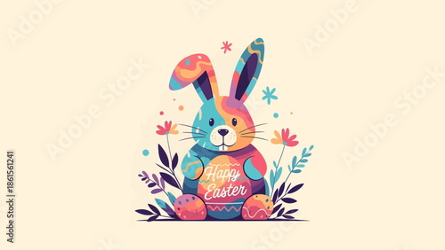 Easter Celebration, Colorful Bunny, Spring Garden, Digital Illustration, Cheerful Atmosphere, Vibrant View, Festive Concept