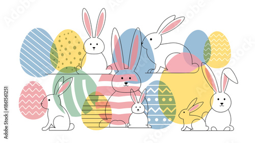 Easter Celebration, Bunnies, Colorful Eggs, Graphic Design, Whimsical Environment, Cheerful Viewpoint, Springtime Fun
