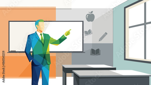 Presentation, Teacher, Classroom, Illustration, Modern Environment, Side View, Educational Concept