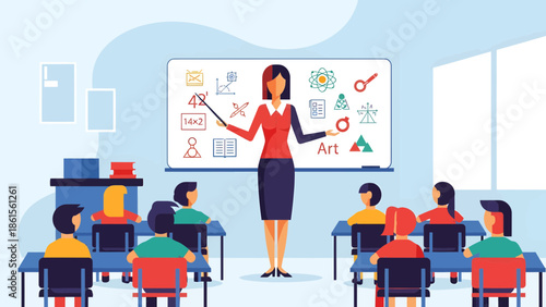 Educational Action, Teacher, Classroom, Illustration, Learning Environment, Front View, Engaging Concepts and Visuals