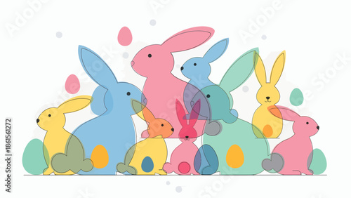 Colorful Cartoon Rabbits Celebrating Easter, Springtime Fun, Illustration, Cheerful Forest Setting, Whimsical Viewpoint, Festive Concept