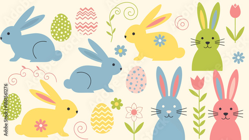 Colorful Bunnies and Easter Eggs Illustration for Kids in a Cheerful Garden Setting