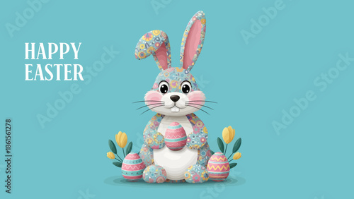Easter Celebration, Cute Bunny, Festive Scene, Digital Illustration, Vibrant Background, Whimsical Perspective, Holiday Cheer