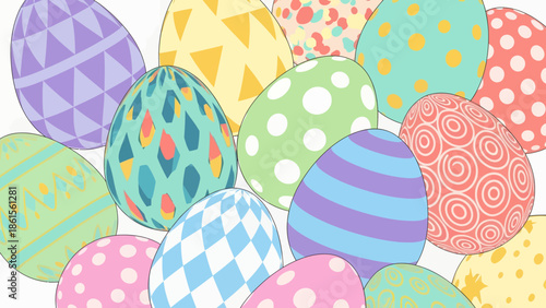 Colorful Easter Eggs Display, Spring Celebration, Festive Decor, Graphic Art, Whimsical Style, Close-Up View, Joyful Concept