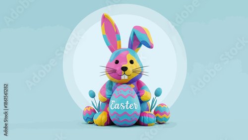 Easter Celebration, Colorful Bunny, Festive Setting, Illustration, Playful Environment, Vibrant Viewpoint, Joyful Concept