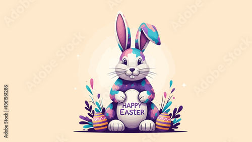 Easter Celebration, Colorful Bunny, Springtime Festivities, Illustrative Art, Cheerful Environment, Playful Viewpoint, Festive Concept