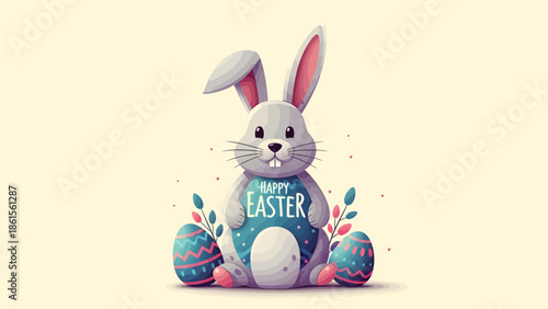 Easter Celebration, Cute Bunny, Festive Decor, Illustration, Cheerful Atmosphere, Front View, Holiday Spirit
