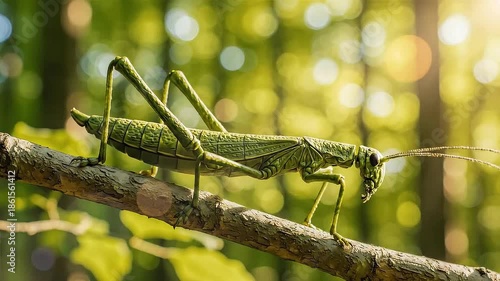 Wallpaper Mural Large green bush cricket resting camouflaged upon a sunlit tree branch Torontodigital.ca