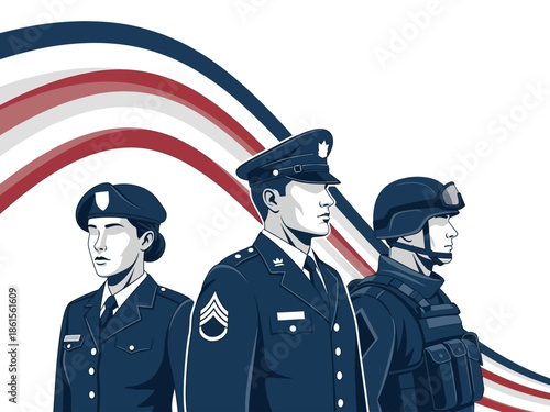 Illustration of diverse law enforcement officers against a patriotic background
