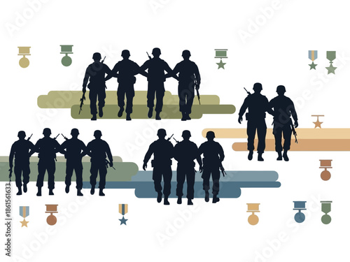 Military soldiers in formation and their medals with a symbolic sense of unity and courage