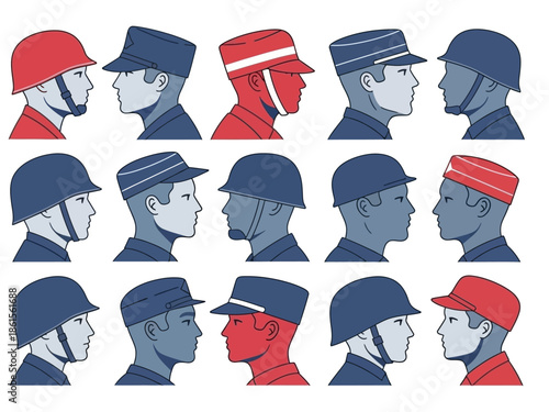 Illustration of various military helmet designs in profile view for conceptual visualization