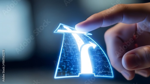Finger Touching a Futuristic Digital Interface with a Glowing Road Fork Icon, Symbolizing Strategic Choices, Future Direction, and Advanced Navigation Technology in Business Planning