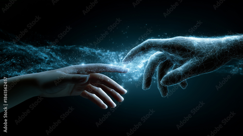 Fototapeta premium Human hand reaching toward a digital artificial hand symbolizing connection between humanity and technology. 