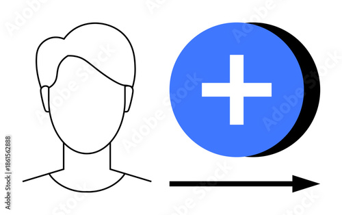 User profile concept. Minimalist profile outline, blue plus symbol, and a forward arrow depict user account creation, addition, or profile growth. For technology, digital platforms, user management