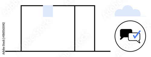 Transparent sliding door structure with cloud icon and speech bubble graphic showing a blue checkmark. Ideal for communication, collaboration, feedback, approval, connection, online cloud storage