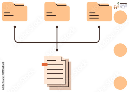 Three folders interconnected by lines leading to a central document, representing data organization. Ideal for data management, information flow, workflow process, organizational structure, digital