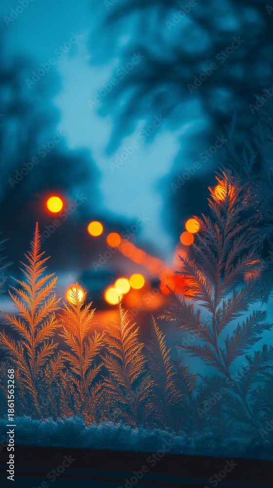 Obraz premium Intricate frost ferns illuminated by warm street lights and car bokeh against a moody blue winter sky, concept for seasonal greetings, advertising and dramatic background display