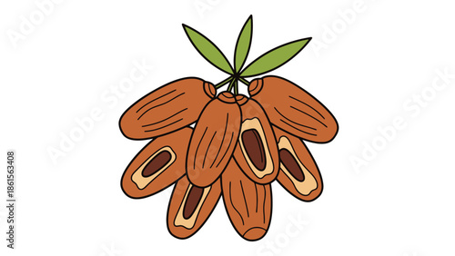 A vibrant illustration of a cluster of dates with green leaves.