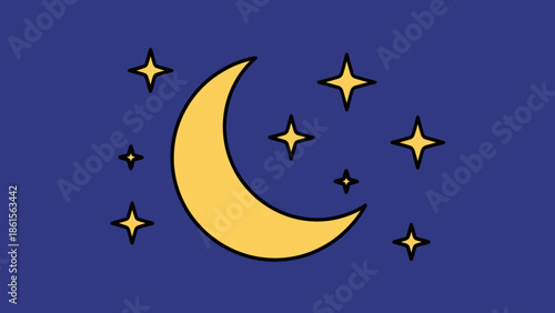 Stylized Crescent Moon and Stars Illustration.