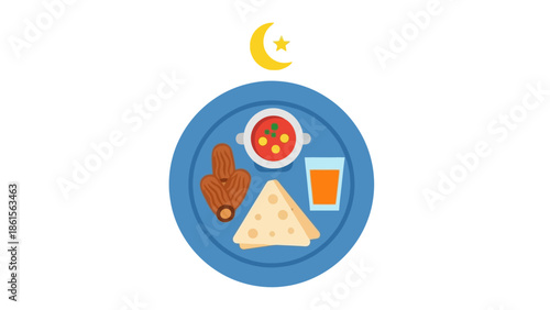 Ramadan Iftar Meal with Crescent Moon and Star Symbol.