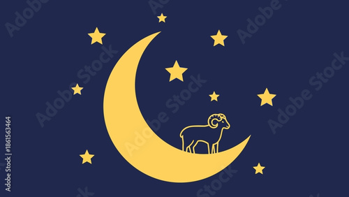 Golden crescent moon with a ram silhouette and stars on a dark blue background.
