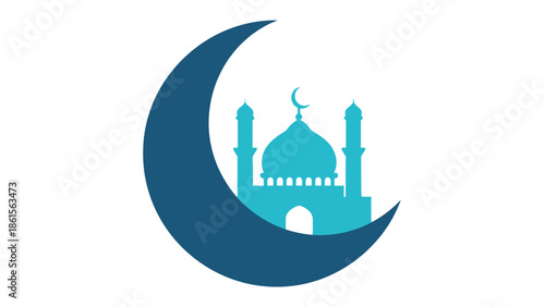 Crescent moon and mosque silhouette symbolizing Islamic faith and Ramadan.