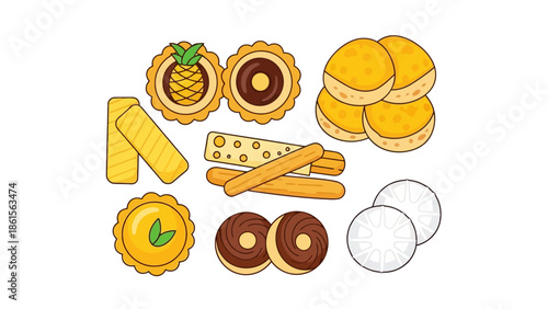 Assortment of delicious baked goods and snacks including pineapple tarts chocolate donuts and cheese sticks.