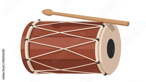 Traditional Indian Dholak Drum with Drumstick.