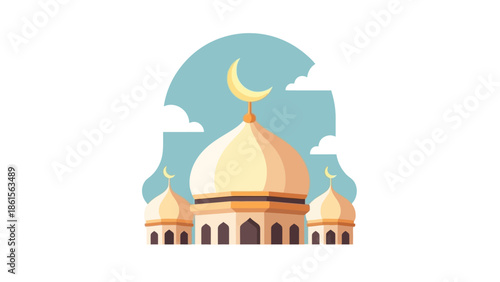 Beautiful Mosque with Crescent Moon and Clouds Illustration.