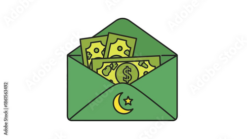 Green envelope with money and Islamic crescent moon and star symbol.