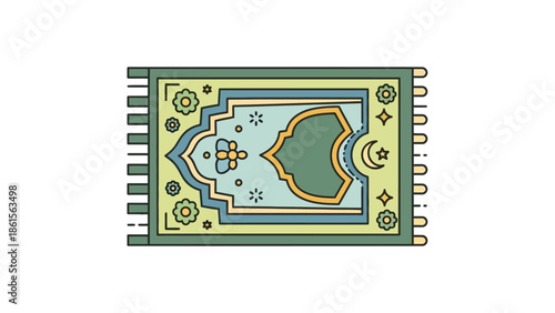 Traditional Islamic Prayer Mat with Intricate Design and Crescent Moon Symbol.