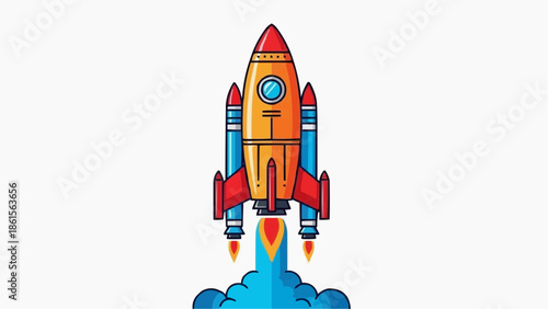 Modern flat vector illustration of a space rocket launching upward