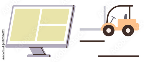 Forklift moves items while monitor displays inventory tracking interface. Ideal for logistics, warehouse, supply chain, organization, data management, digital tools, productivity. Simple flat