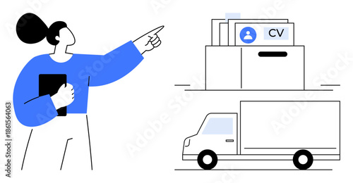 Recruitment concept. Recruitment process involving CV applications and logistics. Recruitment for delivery jobs and smooth hiring operations. Ideal for HR, job ads, and workforce management