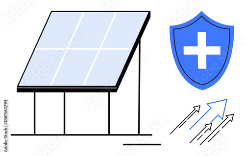 Renewable energy, eco-friendly design, sustainable technology, energy efficiency, environmental care, power protection. Solar panel, blue shield arrows indicating progress. Renewable energy