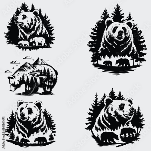 Bear Outdoor Scene SVG Bundle, Forest Animals SVG, Wild Animals SVG, Mountains SVG, Bear SVG, Outdoor SVG, Landscape SVG, Silhouette, Vector