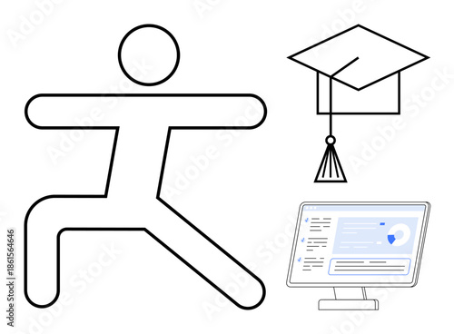 Online education, wellness, physical health, technology, e-learning, knowledge. yoga figure, graduation cap and computer with data on the screen. Online education and wellness showcased