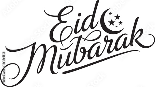 Eid Mubarak greeting with crescent moon and stars
