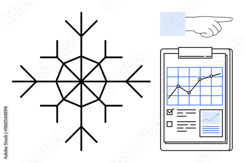 Data analysis, business planning, seasonal reporting, financial growth, decision-making, visual charts. A snowflake symbol, clipboard with a graph and pointing hand. Data analysis and business