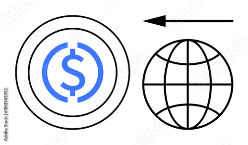 Digital currency concept. Depiction of a dollar sign and world globe digital currency movement and global transactions. Digital currency in international payments, fintech, online banking