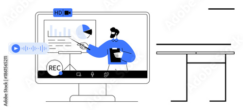 Online learning, remote work, team collaboration, data presentation, productivity tools, digital communication. A professional presenting charts on video call. Remote work and online learning concept