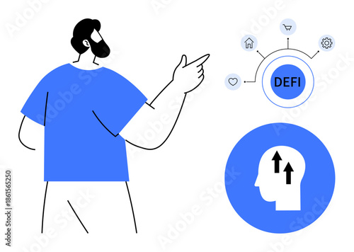 Decentralized finance concept. Decentralized finance with person, network symbols, and growth ideas. Decentralized finance for cryptocurrency, fintech, innovation, blockchain, financial tech