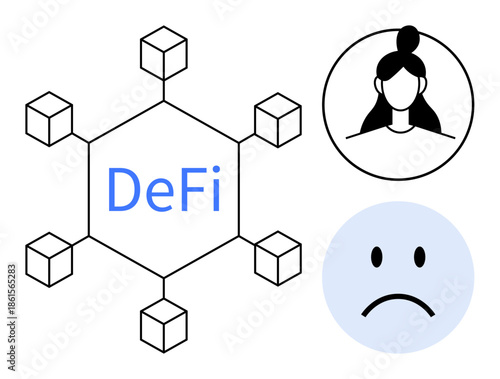 Decentralized finance. Blockchain network decentralized systems with human and emotion icons. Decentralized finance impact on technology and human behavior. For finance, blockchain research, fintech
